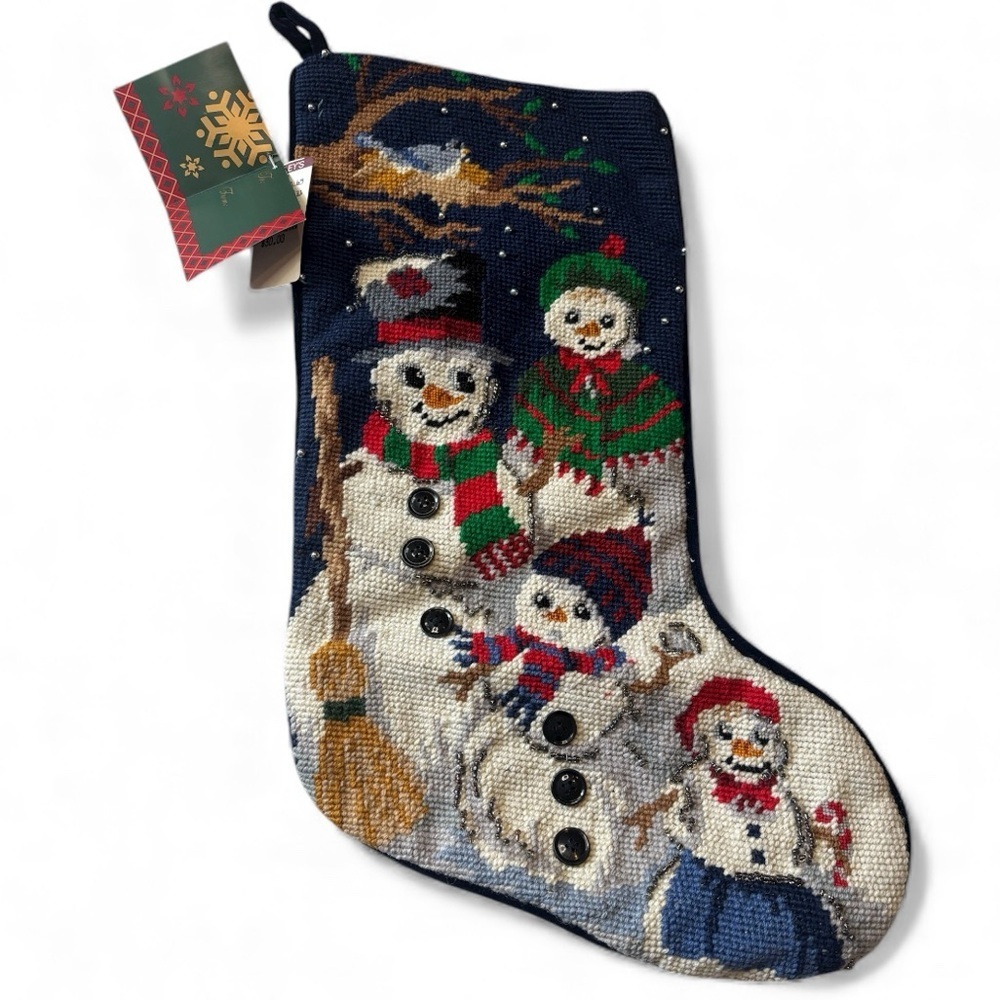 Handmade Needlepoint Snowman Christmas Stocking 🎅 Button & Bead Details 7.5 x 16